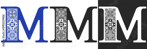 Capital letter M with mediterranean tile pattern. Letter M with floral geometric ornament. Creative alphabet. Decorated typography letters. Vintage patterned font. Isolated vector illustration