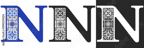 Capital letter N with mediterranean tile pattern. Letter N with floral geometric ornament. Creative alphabet. Decorated typography letters. Vintage patterned font. Isolated vector illustration