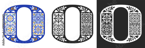 Capital letter O with mediterranean tile pattern. Letter O with floral geometric ornament. Creative alphabet. Decorated typography letters. Vintage patterned font. Isolated vector illustration