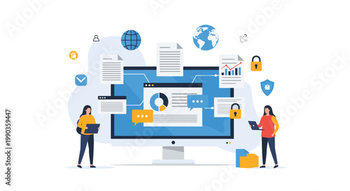 Female data analysts monitor global network information and secure databases using a large interactive computer dashboard.