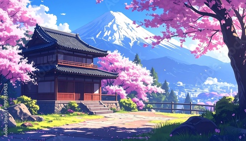 A serene Japanese landscape with a traditional house