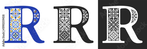 Capital letter R with mediterranean tile pattern. Letter R with floral geometric ornament. Creative alphabet. Decorated typography letters. Vintage patterned font. Isolated vector illustration