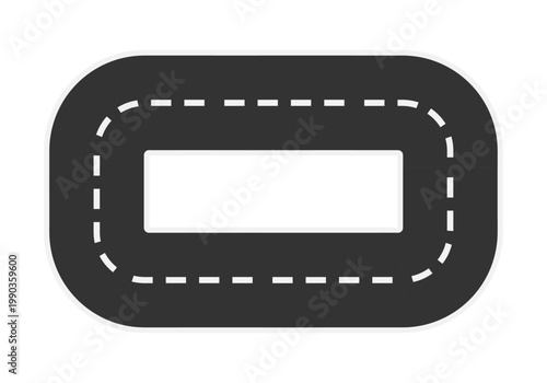 Circuito de asfalto gris en forma de rectángulo redondeado con líneas blancas discontinuas