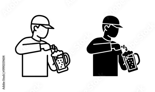 Bartender pouring draft beer into glass mug icon set