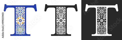 Capital letter T with mediterranean tile pattern. Letter T with floral geometric ornament. Creative alphabet. Decorated typography letters. Vintage patterned font. Isolated vector illustration
