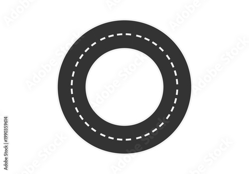 Pista de asfalto gris con líneas blancas discontinuas en forma circular