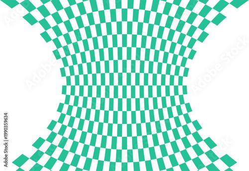 Fondo ajedrezado con distorsión central en color turquesa y blanco