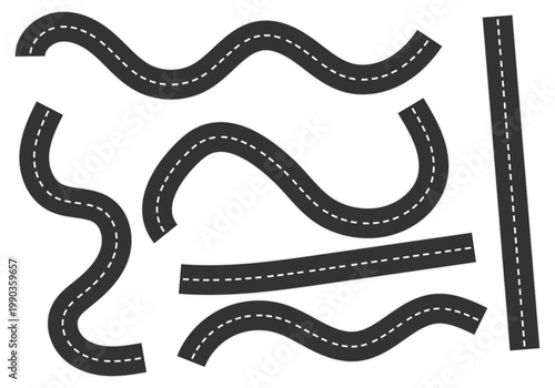 Conjunto de tramos de carretera asfaltada con líneas discontinuas en diversas formas curvas y rectas