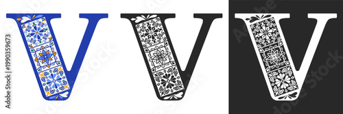 Capital letter V with mediterranean tile pattern. Letter V with floral geometric ornament. Creative alphabet. Decorated typography letters. Vintage patterned font. Isolated vector illustration
