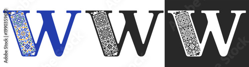 Capital letter W with mediterranean tile pattern. Letter W with floral geometric ornament. Creative alphabet. Decorated typography letters. Vintage patterned font. Isolated vector illustration
