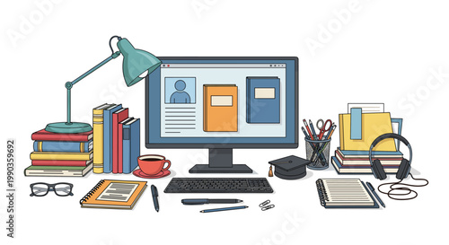 Organized student workspace featuring a computer monitor with online courses, books, coffee, and glasses for a productive learning environment.