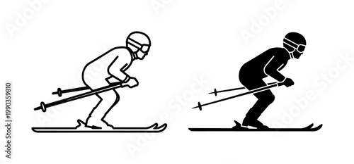 Alpine Skier Silhouette and Outline Icon Set