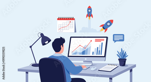 Entrepreneur at desk watching business growth metrics on screen with rockets launching to symbolize rapid success and project development.