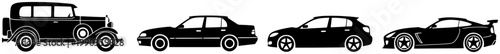 Sedan car evolution silhouettes from vintage to modern luxury sedan