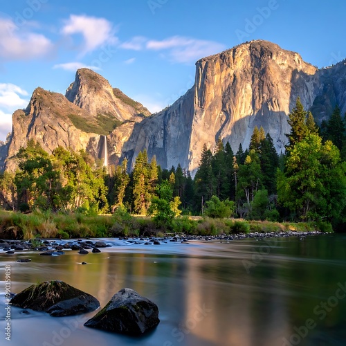 A serene landscape of a river with large cliffs and lush green trees
