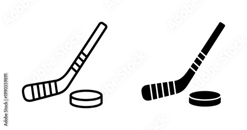 Ice Hockey Stick and Puck Outline Silhouette Icons