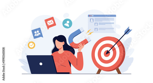 Digital marketing specialist using a magnet to attract customer leads, social media engagement, and target audience goals on laptop.