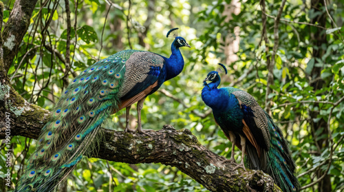 Two peacocks perched on a tree branch in a lush forest with forest floor