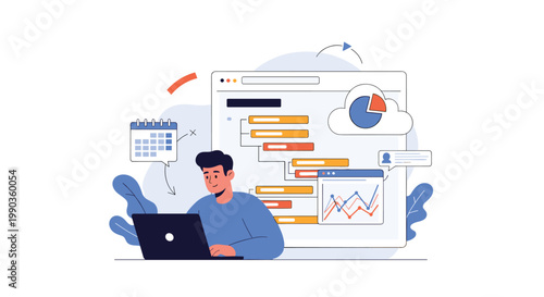 Data scientist at laptop analyzing project schedules and performance metrics with interactive charts and calendar planning tools.