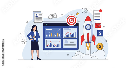 Business leader standing next to data dashboard showing growth metrics and a launching rocket to represent successful project takeoff.