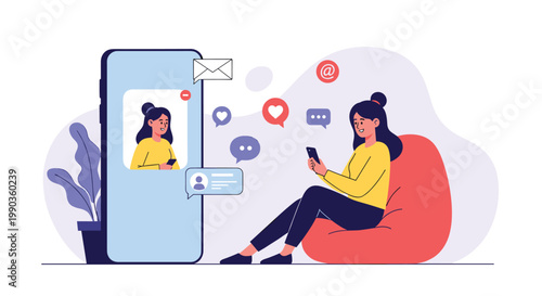 Young woman relaxing at home while communicating with a friend via video call on a smartphone to stay connected socially.