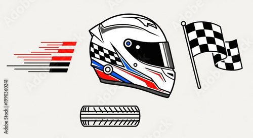 Racing Helmet Tire Checkered Flag Speed Lines.