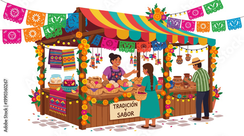 Vibrant outdoor market stall bustling with colorful decorations, a friendly vendor serving customers traditional sweets and beverages, showcasing rich local culture and delicious flavors