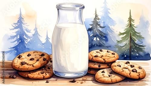A comforting still life of warm cookies and cold milk