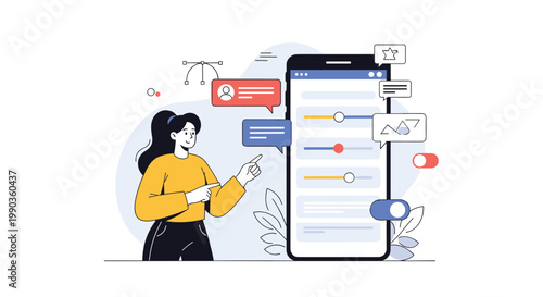 Female UI designer interacting with a large mobile phone interface showing various settings, sliders, and graphic design elements.