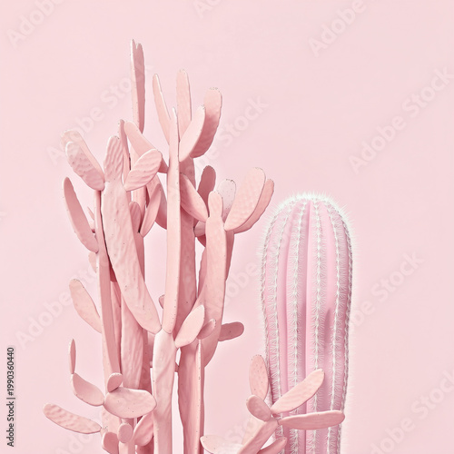 Surreal minimal composition with pink cactus-like succulent in pop art style.
