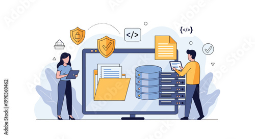 Web developers working on server-side database and file storage systems with security shield and programming code symbols.