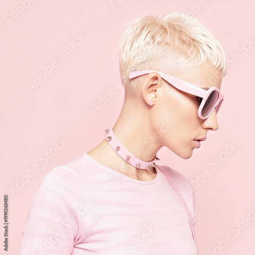 Profile of a stylish woman with short blonde hair wearing pink sunglasses and spiked choker on pastel background, monochrome fashion concept