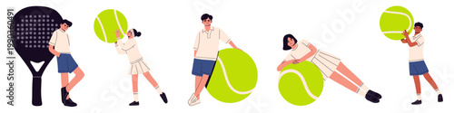 Flat illustration set of people playing padel tennis with rackets and balls. ideal for sports concepts, recreation, outdoor activity, fitness, competition, healthy lifestyle, active living themes.