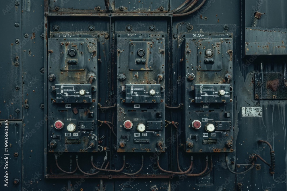 Fototapeta premium Close up of weathered electrical panels, highlighting decay and obsolescence in industrial setting