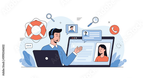 Customer support representative with headset communicating with a female user via video call on a laptop computer screen.