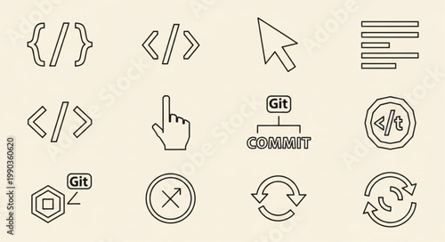 Collection of computer programming and coding icons and symbols.