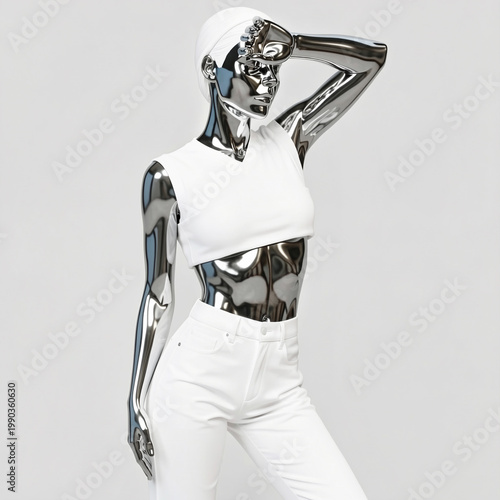 Futuristic female cyborg with chrome metallic skin wearing white clothes, surreal 3D render concept of artificial intelligence