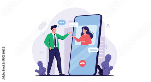 Professional man talking to a woman through a large smartphone screen representing video call and remote communication.