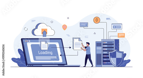IT technician managing file transfers between a laptop and a server rack with a loading cloud computing progress bar.