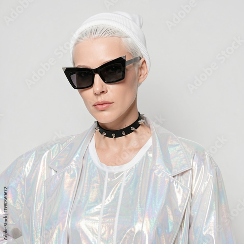 Futuristic woman with white hair in holographic jacket, cat-eye sunglasses and spiked choker, edgy sci-fi fashion portrait
