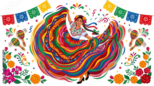Vibrant illustration of a woman in traditional folk dress dancing, surrounded by colorful papel picado, maracas, and blooming flowers, celebrating cultural heritage