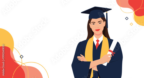 Young female graduate wearing a graduation cap and gown holding a diploma against an abstract colorful graphic background.