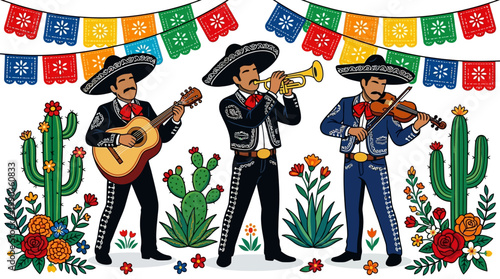Vibrant mariachi band plays lively traditional Mexican music on guitar, trumpet, and violin. This joyful cultural celebration scene is adorned with festive flags, colorful flowers, and desert cacti
