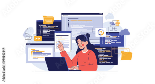 Female web developer or coder working at her laptop surrounded by multiple floating windows of programming code.