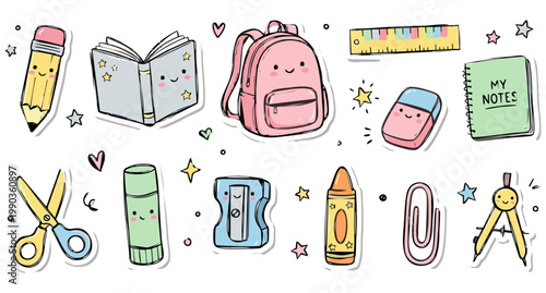 Kawaii School Supplies Sticker Set, Hand Drawn Doodle Pencil Book Backpack and Stationery Clipart