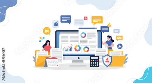 Two female analysts working on a computer screen displaying data reports, files, and various business productivity icons.