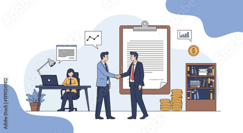 Business partners shake hands in office setting after signing contract with data charts and bookshelf background.