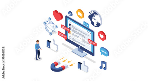 Isometric social media marketing concept features monitor with magnet attracting likes and global network icons.