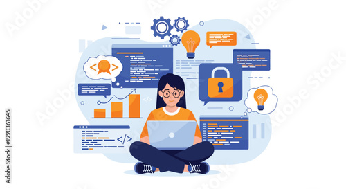 Female programmer studies computer science and cybersecurity while sitting with laptop and educational icons.