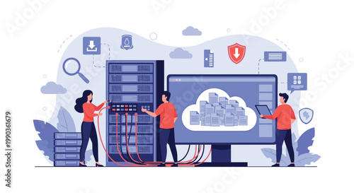 Technical engineers maintain server room hardware and cloud data center storage with cables and monitor screen.